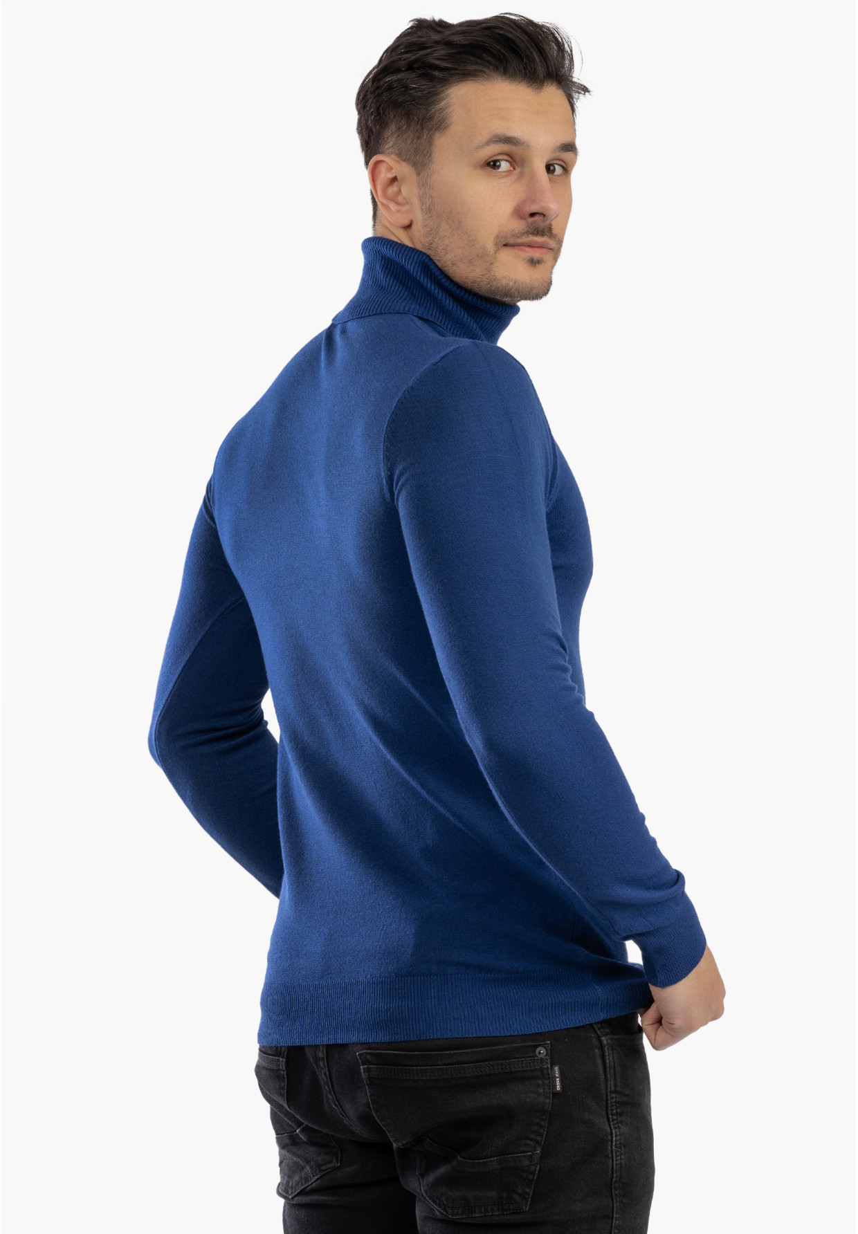 Sweter Męski Golf Elegancki Wiskoza Dopasowany Ciemny Niebieski