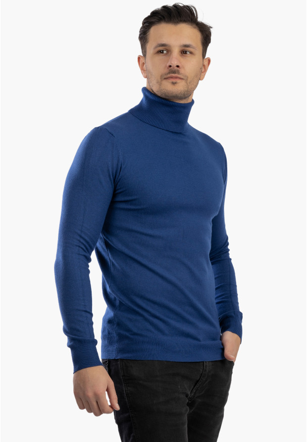 Sweter Męski Golf Elegancki Wiskoza Dopasowany Ciemny Niebieski