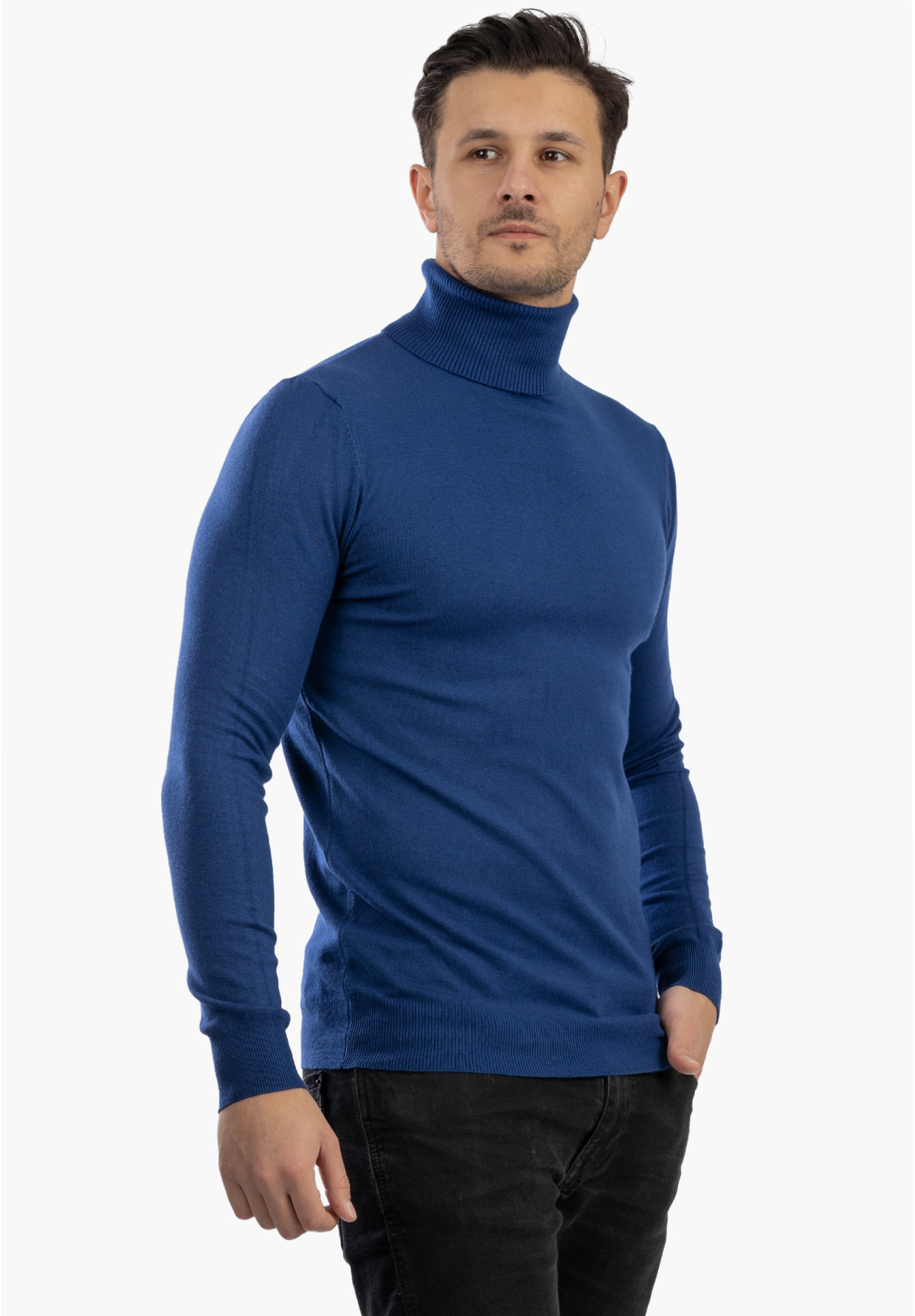 Sweter Męski Golf Elegancki Wiskoza Dopasowany Ciemny Niebieski