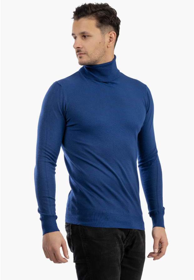 Sweter Męski Golf Elegancki Wiskoza Dopasowany Ciemny Niebieski