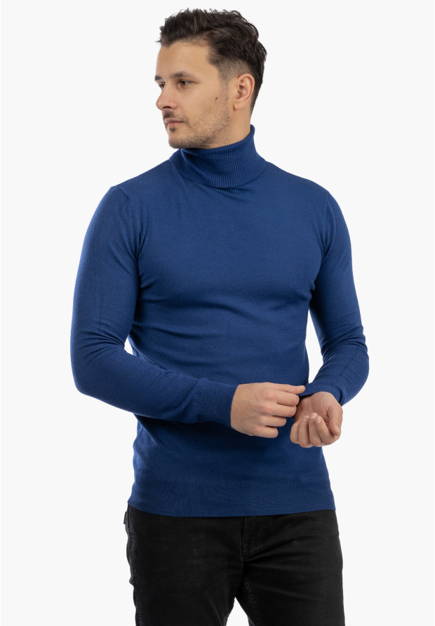 Sweter Męski Golf Elegancki Wiskoza Dopasowany Ciemny Niebieski