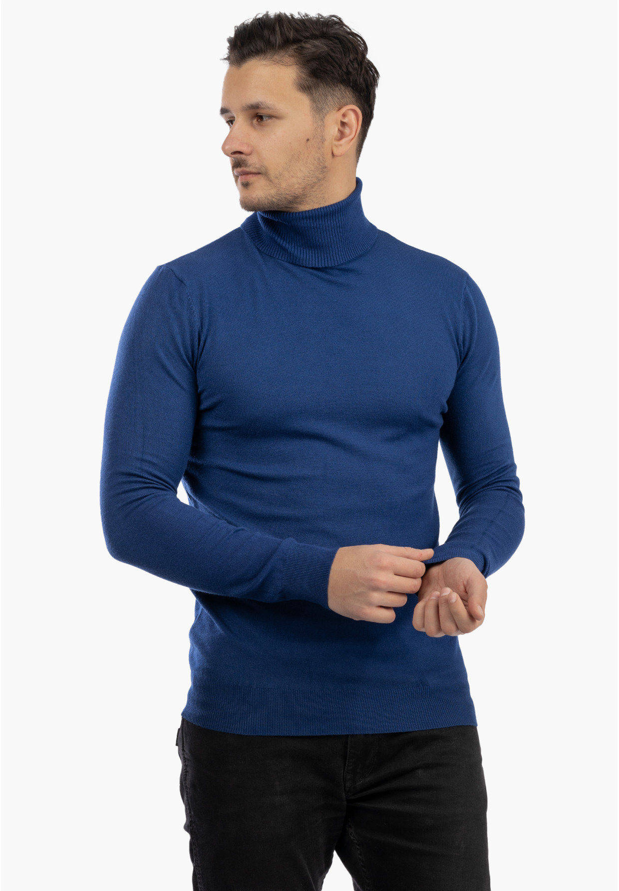 Sweter Męski Golf Elegancki Wiskoza Dopasowany Ciemny Niebieski