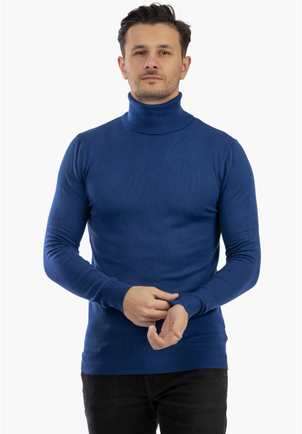 Sweter Męski Golf Elegancki Wiskoza Dopasowany Ciemny Niebieski