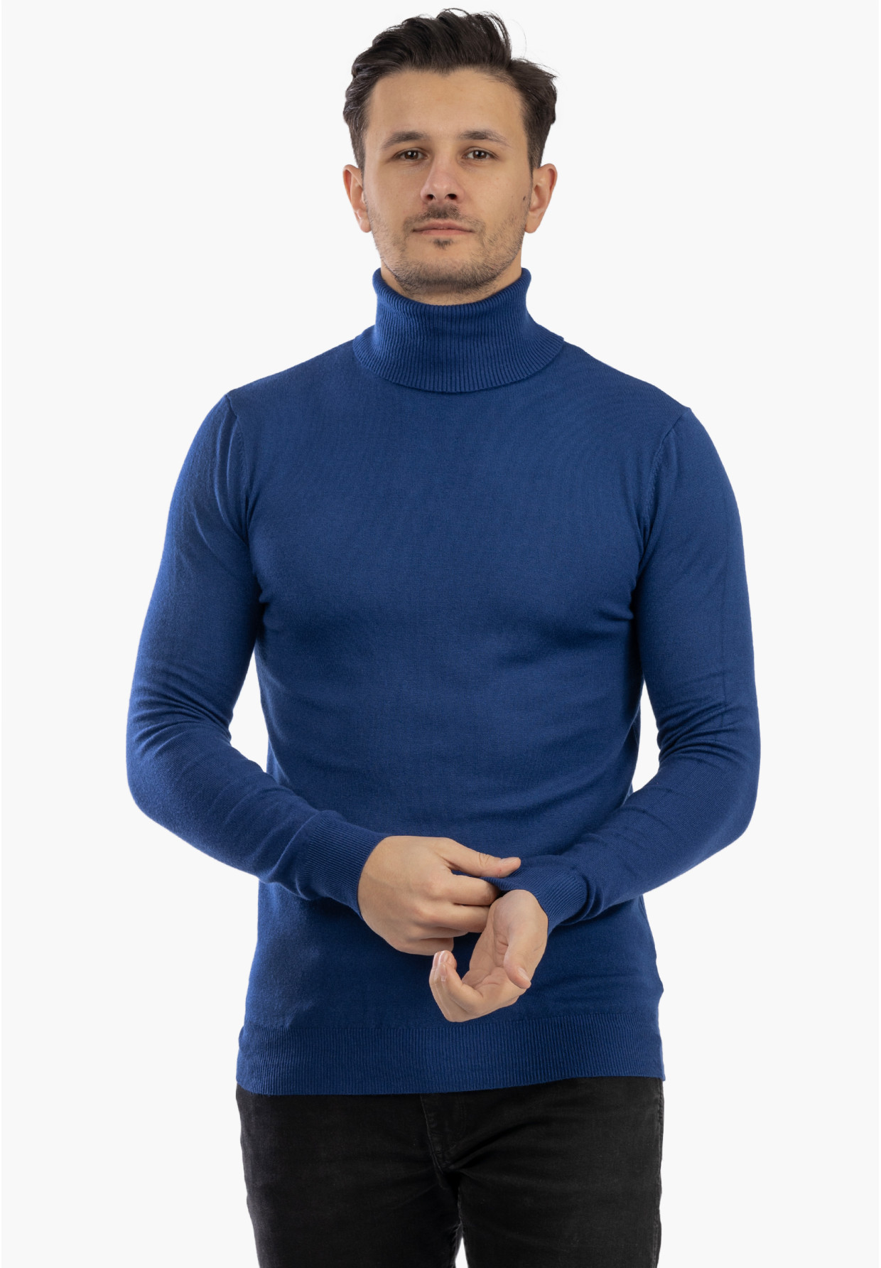 Sweter Męski Golf Elegancki Wiskoza Dopasowany Ciemny Niebieski