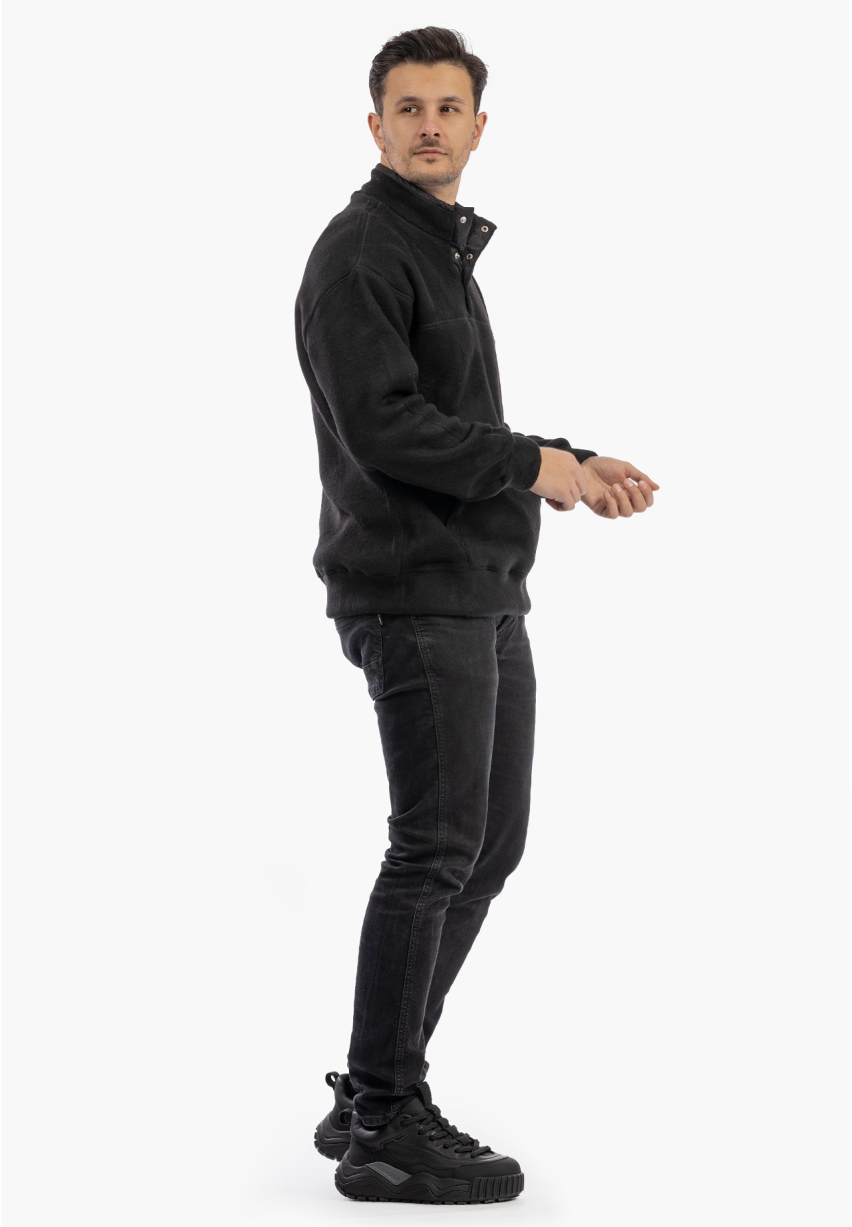 Polar Męski Z Kołnierzem Ciepły Gruby Bluza Casual Czarny