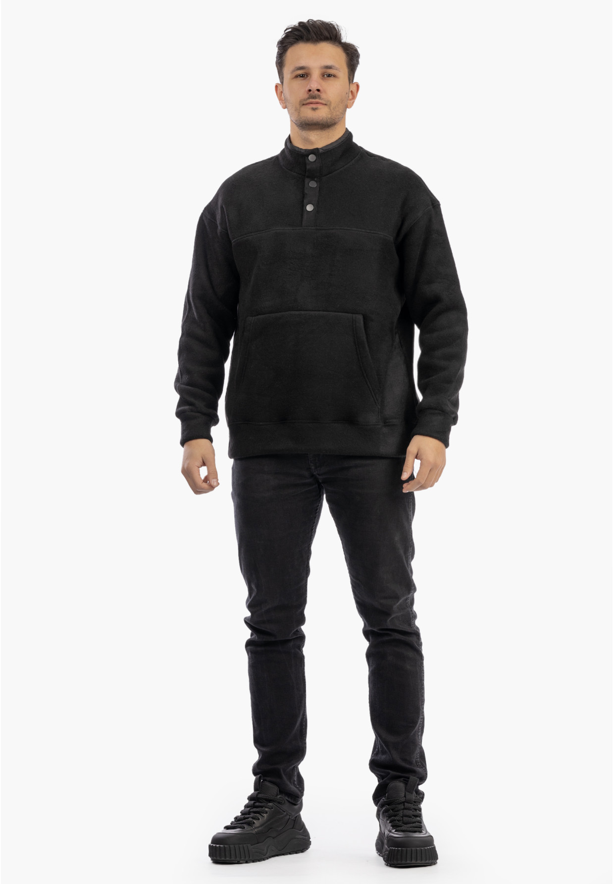 Polar Męski Z Kołnierzem Ciepły Gruby Bluza Casual Czarny