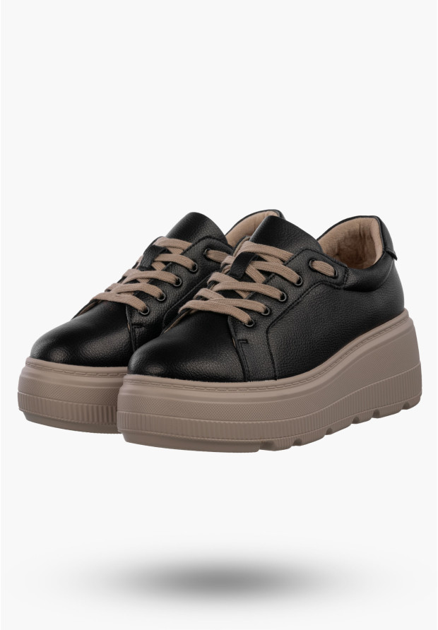 Półbuty Damskie Skórzane Buty Na Platformie Sneakersy Czarny