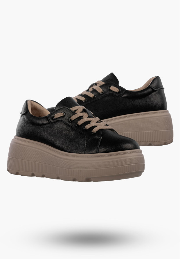 Półbuty Damskie Skórzane Buty Na Platformie Sneakersy Czarny
