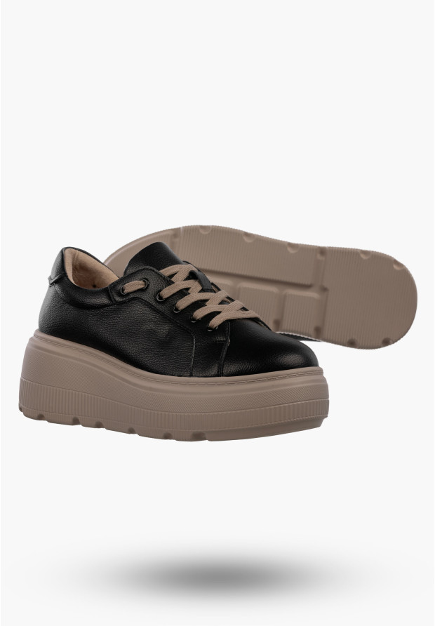 Półbuty Damskie Skórzane Buty Na Platformie Sneakersy Czarny