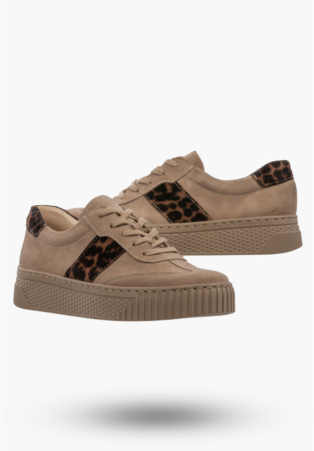 Sneakersy Damskie Skórzane Półbuty Niskie Buty Panterka Beżowe
