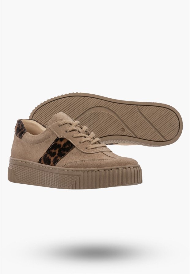 Sneakersy Damskie Skórzane Półbuty Niskie Buty Panterka Beżowe