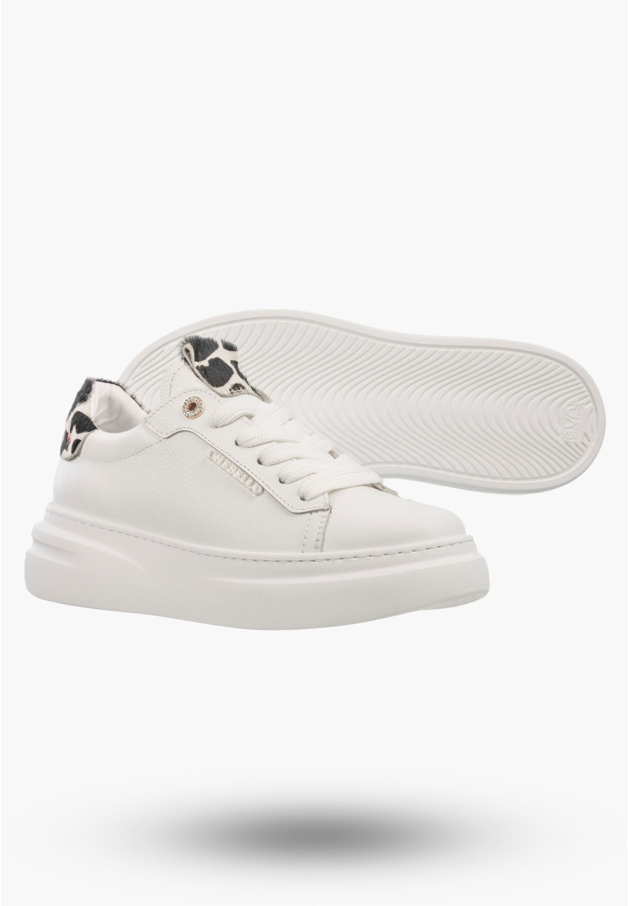 Półbuty Damskie Skórzane Buty Na Platformie Sneakersy Białe Panterka CheBello