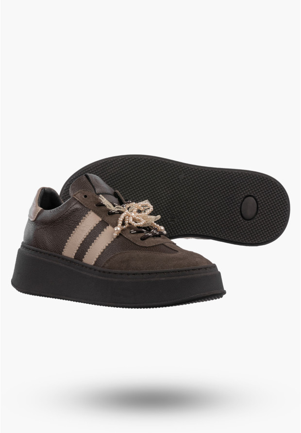 Sneaersy Damskie Skórzane Buty Na Platformie Półbuty Eleganckie Brązowe CheBello