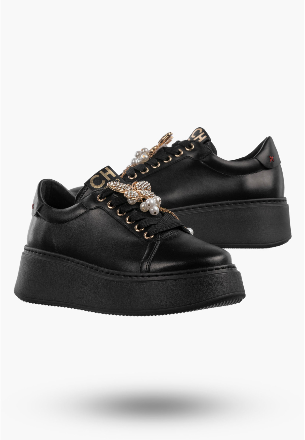 Półbuty Damskie Skórzane Buty Na Platformie Sneakersy Czarne CheBello