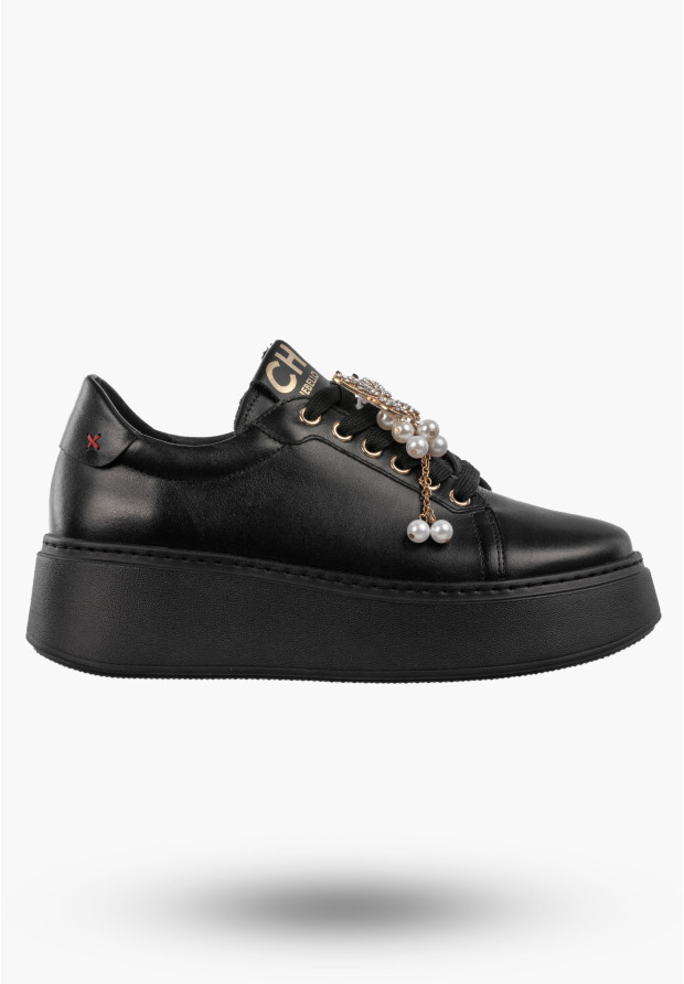 Półbuty Damskie Skórzane Buty Na Platformie Sneakersy Czarne CheBello