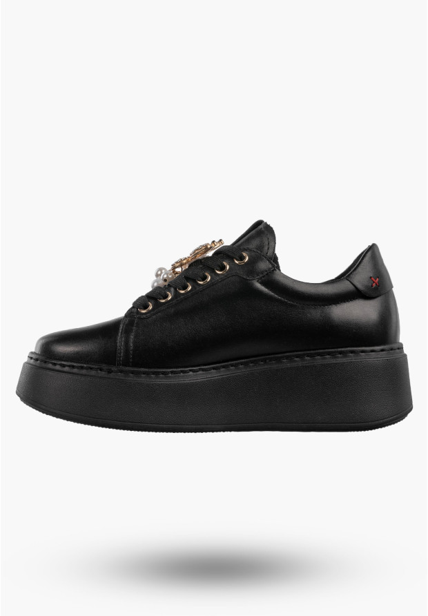 Półbuty Damskie Skórzane Buty Na Platformie Sneakersy Czarne CheBello