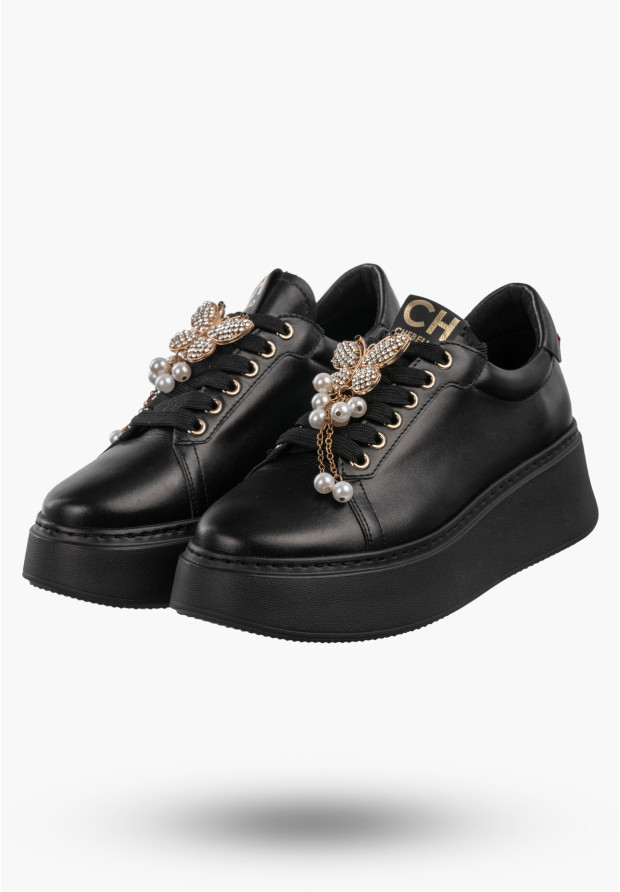 Półbuty Damskie Skórzane Buty Na Platformie Sneakersy Czarne CheBello