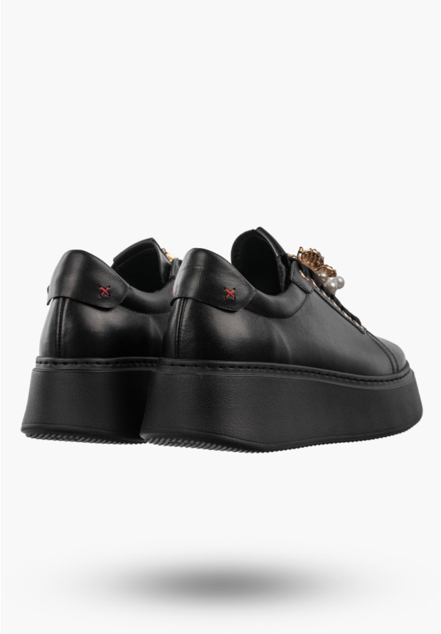 Półbuty Damskie Skórzane Buty Na Platformie Sneakersy Czarne CheBello
