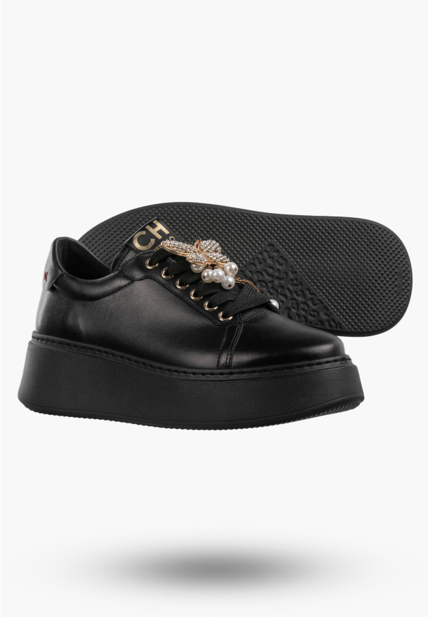 Półbuty Damskie Skórzane Buty Na Platformie Sneakersy Czarne CheBello