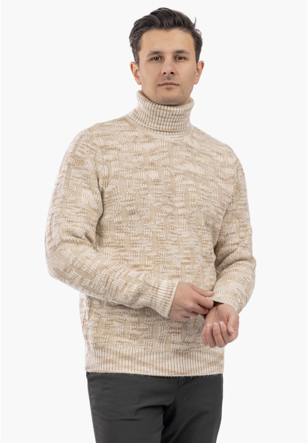 Sweter Męski Golf Gruby Zimowy Wełniany Ciepły Beżowy