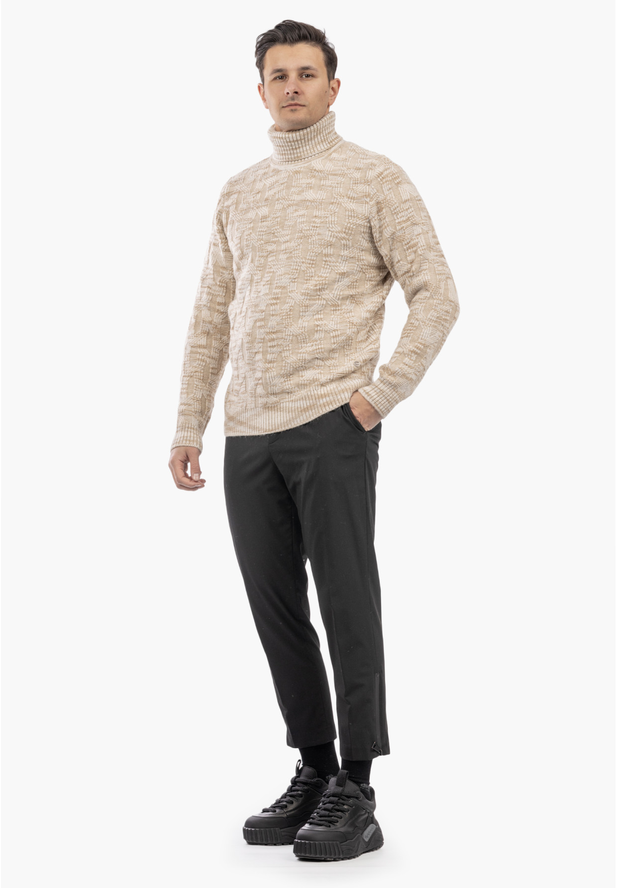 Sweter Męski Golf Gruby Zimowy Wełniany Ciepły Beżowy