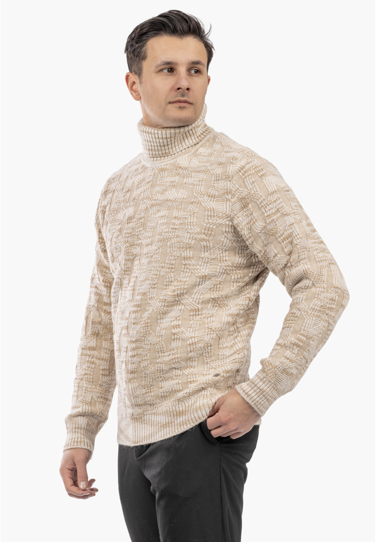 Sweter Męski Golf Gruby Zimowy Wełniany Ciepły Beżowy