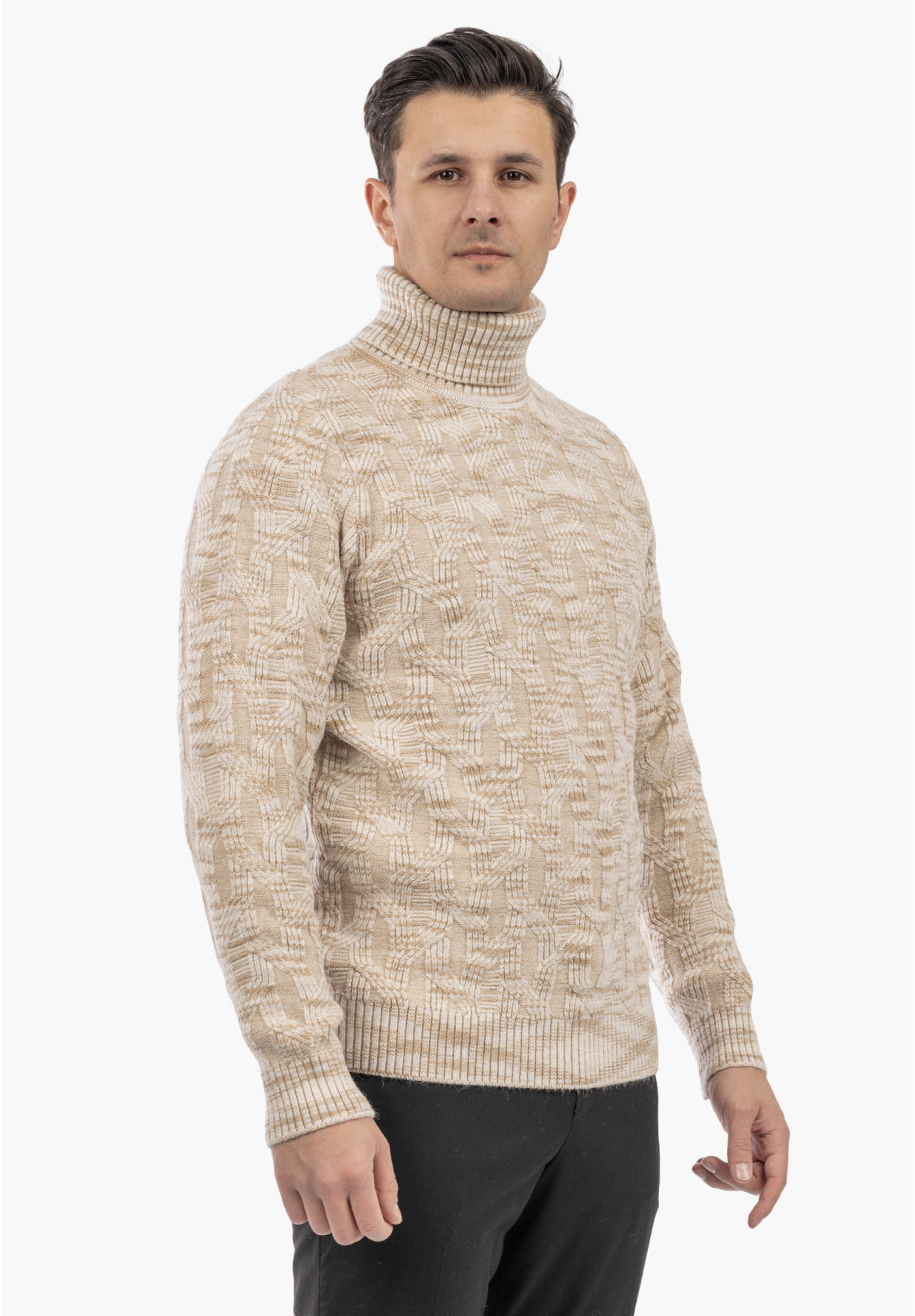 Sweter Męski Golf Gruby Zimowy Wełniany Ciepły Beżowy