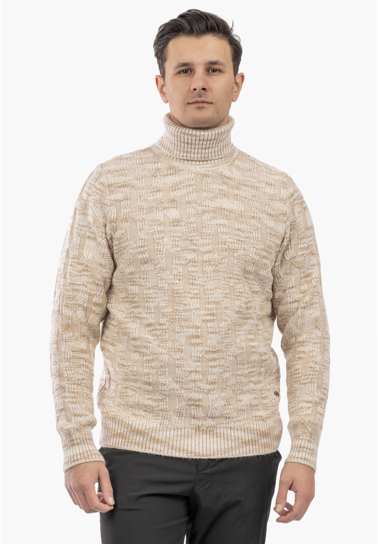 Sweter Męski Golf Gruby Zimowy Wełniany Ciepły Beżowy