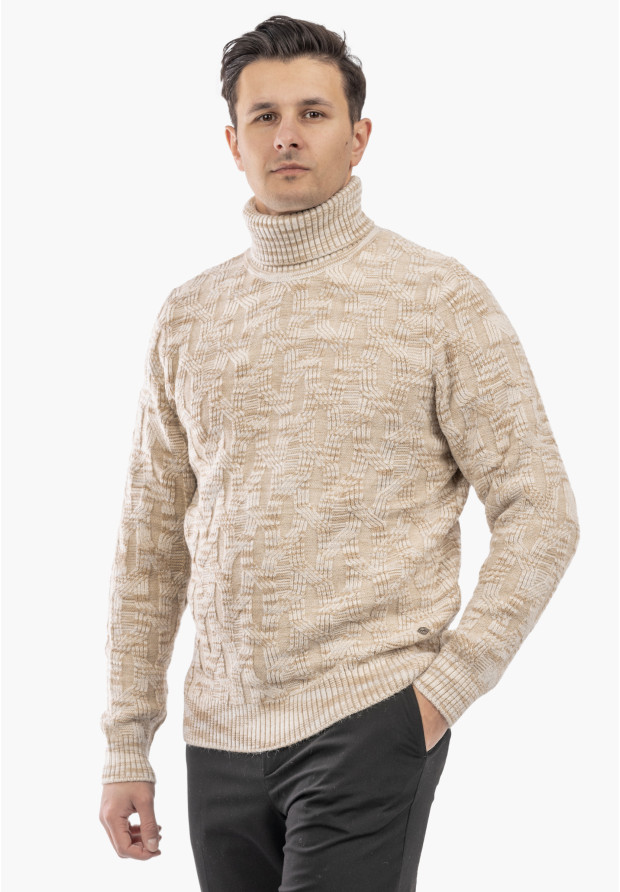 Sweter Męski Golf Gruby Zimowy Wełniany Ciepły Beżowy