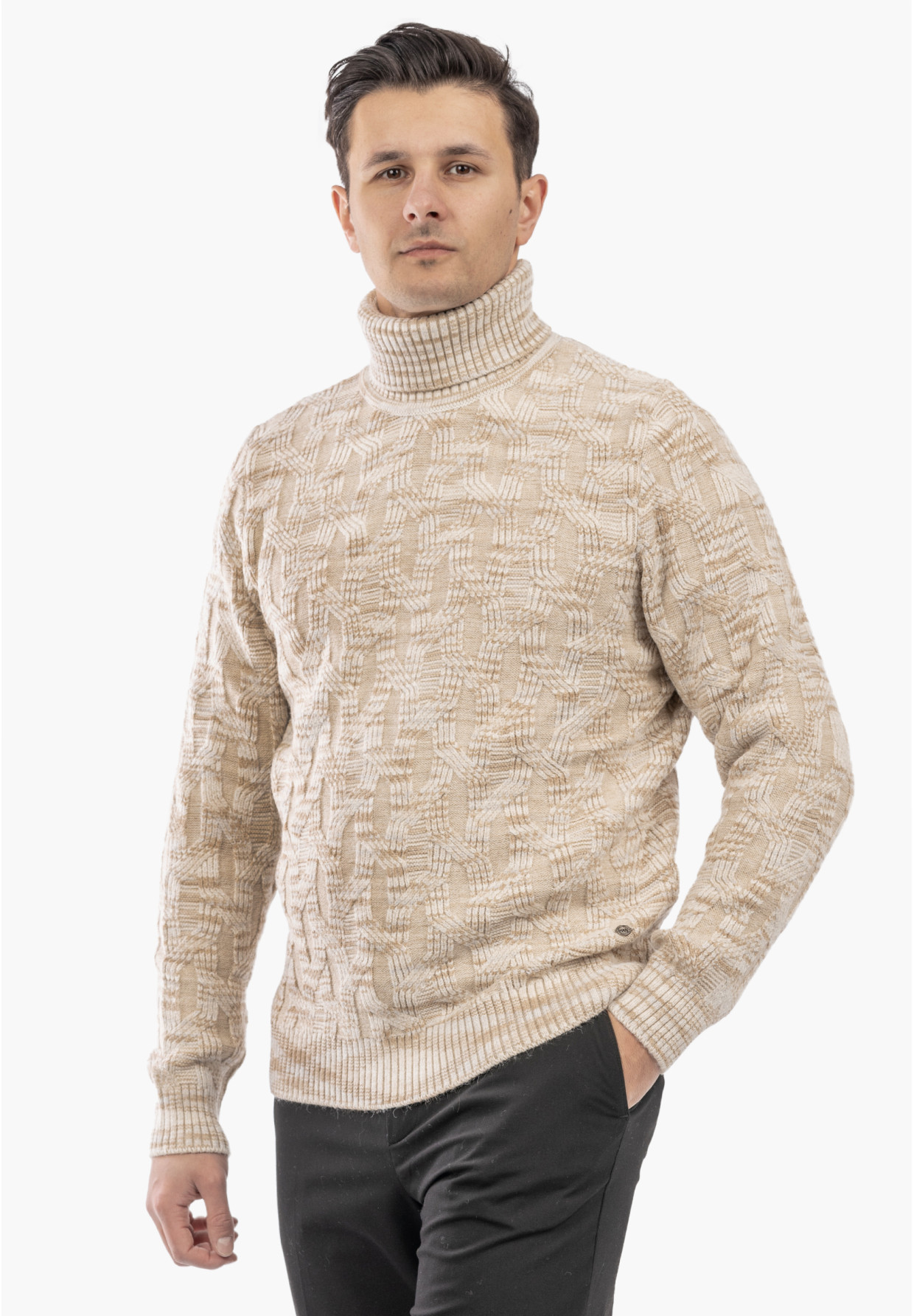 Sweter Męski Golf Gruby Zimowy Wełniany Ciepły Beżowy