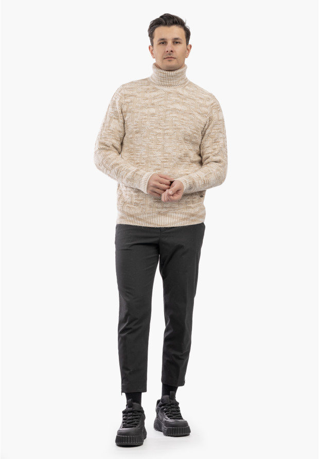 Sweter Męski Golf Gruby Zimowy Wełniany Ciepły Beżowy