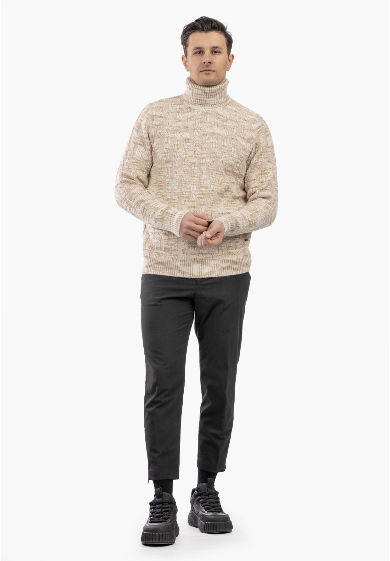Sweter Męski Golf Gruby Zimowy Wełniany Ciepły Beżowy