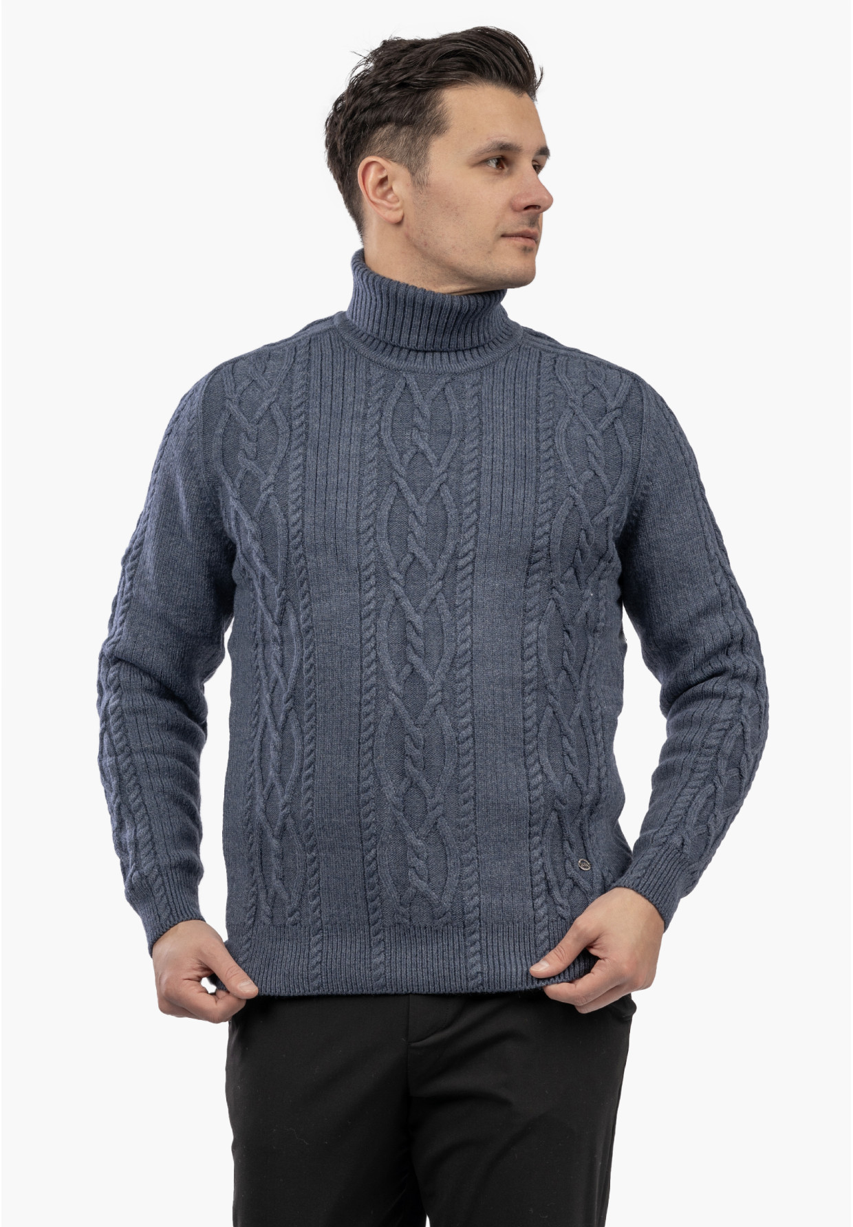 Sweter Męski Golf Gruby Zimowy Wełniany Ciepły Granatowy