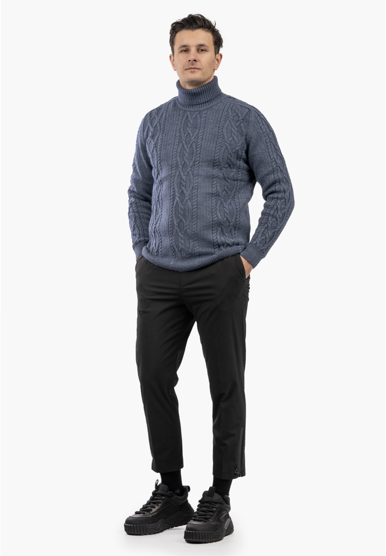 Sweter Męski Golf Gruby Zimowy Wełniany Ciepły Granatowy