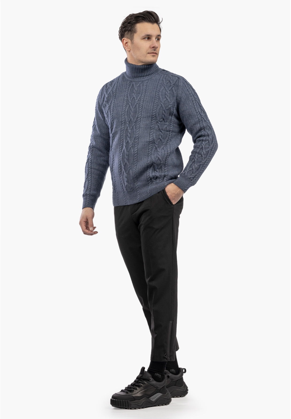 Sweter Męski Golf Gruby Zimowy Wełniany Ciepły Granatowy