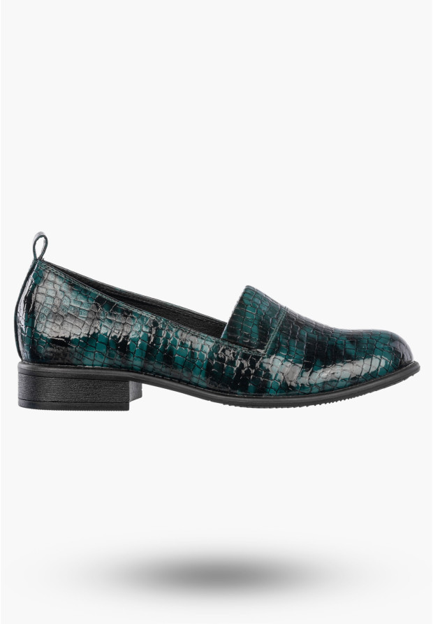 Półbuty Damskie Ekoskóra Wężowe Wsuwane Buty Eleganckie Zielone