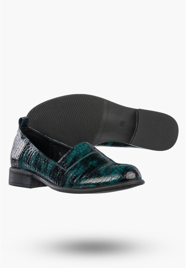 Półbuty Damskie Ekoskóra Wężowe Wsuwane Buty Eleganckie Zielone
