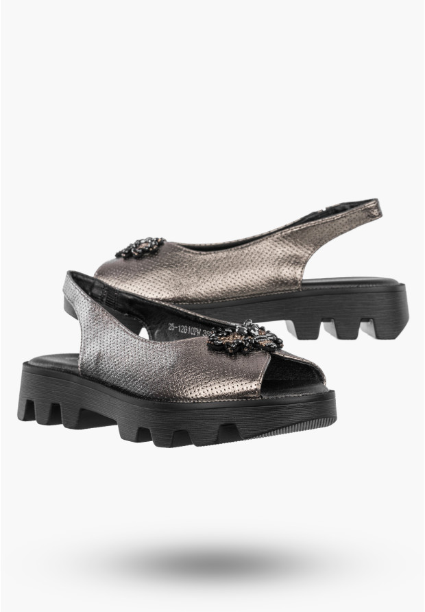 Sandały Damskie Ekoskóra Eleganckie Buty Z Traperową Podeszwą Metalicze Potocki