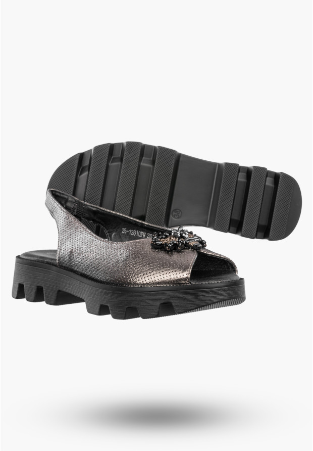 Sandały Damskie Ekoskóra Eleganckie Buty Z Traperową Podeszwą Metalicze Potocki