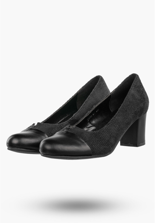 Czółenka Damskie Skórzane RIEKER Buty Na Klocku Eleganckie Niskie Czarne