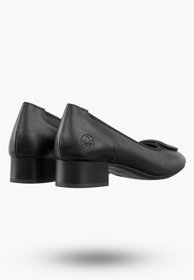 Czółenka Damskie Skórzane RIEKER Buty Na Klocku Eleganckie Niskie Czarne