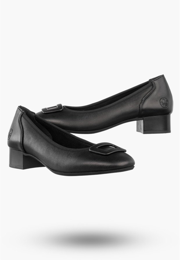 Czółenka Damskie Skórzane RIEKER Buty Na Klocku Eleganckie Niskie Czarne