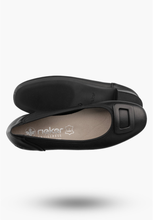 Czółenka Damskie Skórzane RIEKER Buty Na Klocku Eleganckie Niskie Czarne