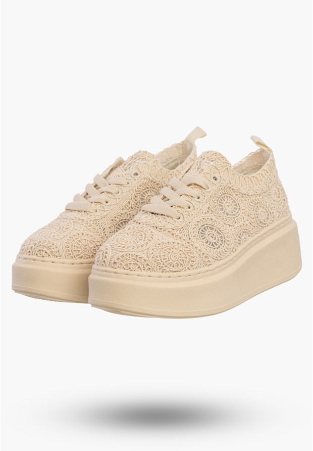 Sneakersy Damskie Na Platformie Buty Ażurowe Półbuty Beżowe