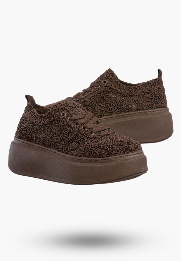Sneakersy Damskie Na Platformie Buty Ażurowe Półbuty Brązowe