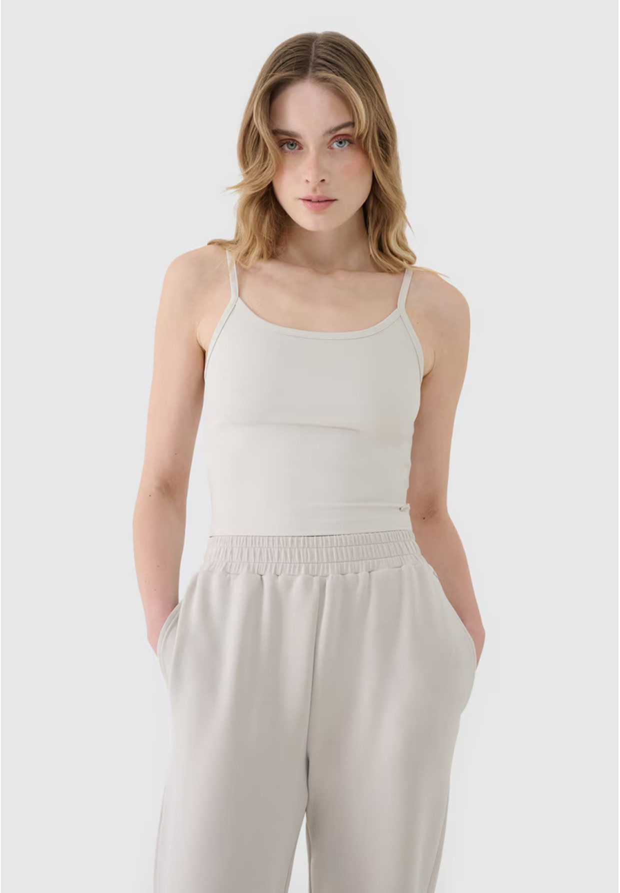 Crop-top Damski 4F Slim Fit Koszulka Na Ramiączkach Beżowa 4FWSS25TSLEF127