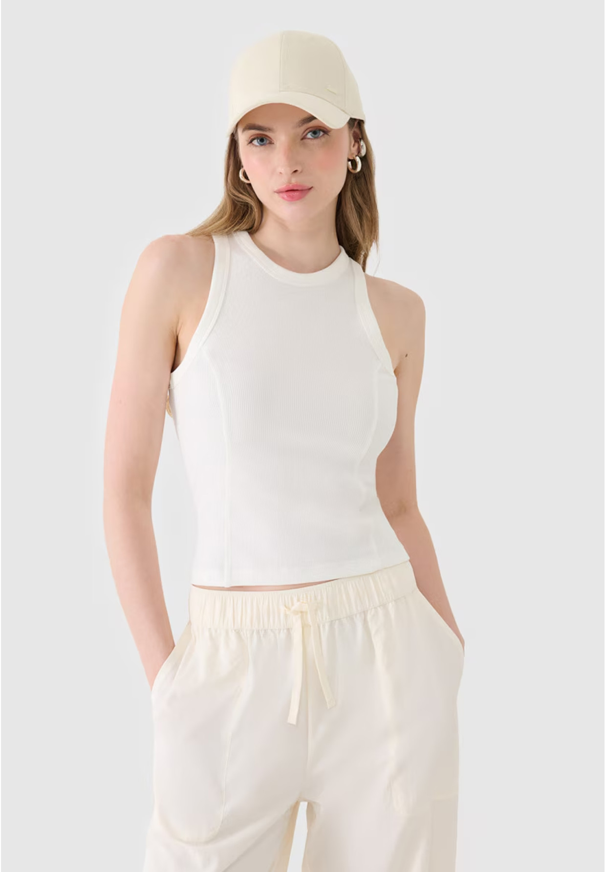 Top Damski 4F Slim Fit Z Prążkowej Dzianiny Bawełna Biały 4FWSS25TSLEF119
