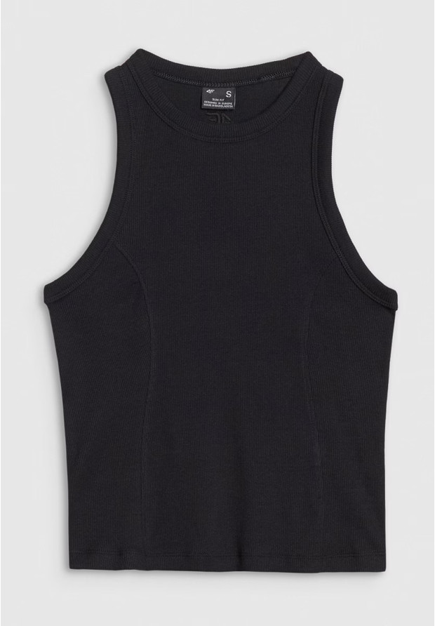 Top Damski 4F Slim Fit Z Prążkowej Dzianiny Bawełna Czarny 4FWSS25TSLEF119