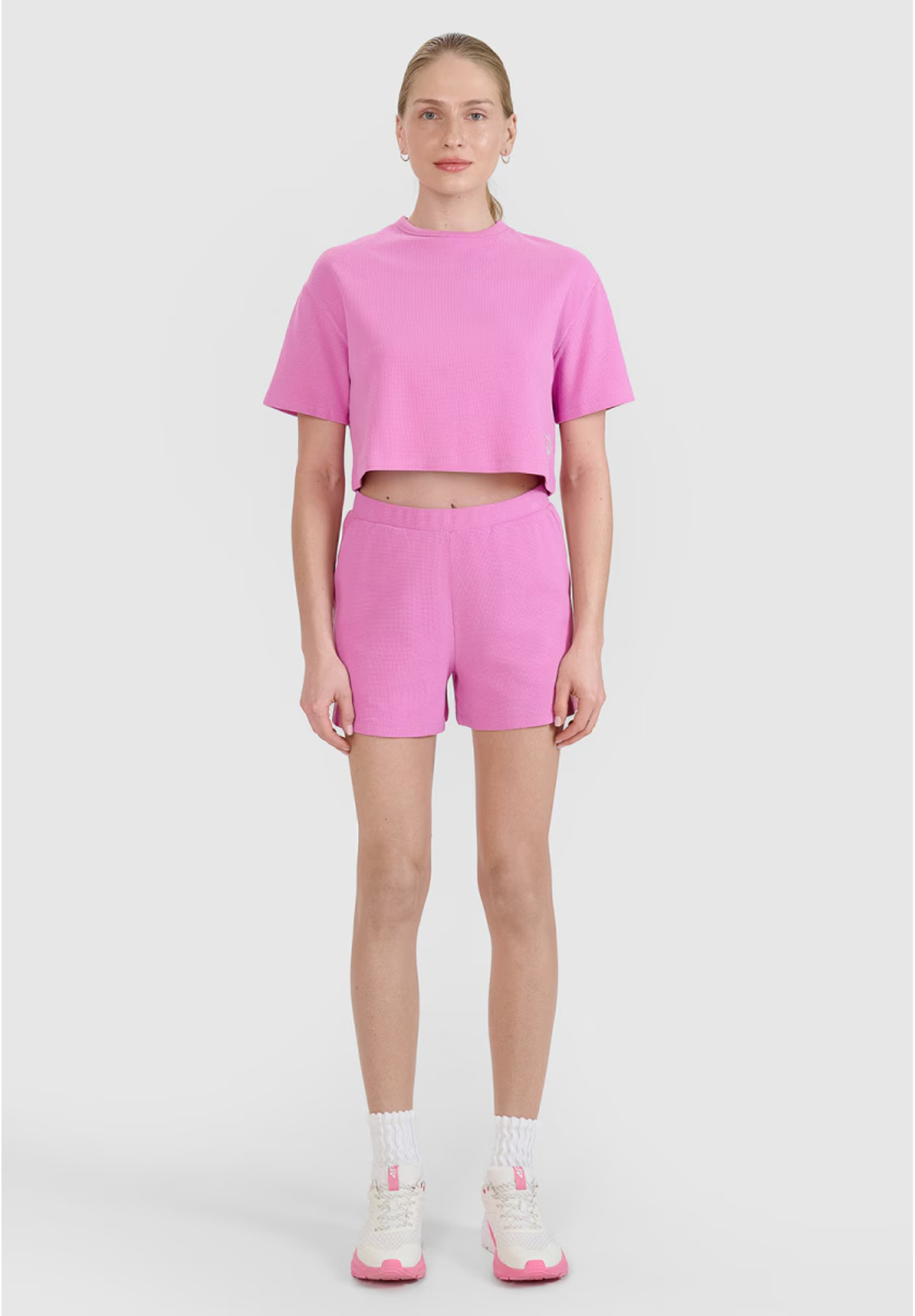 T-shirt Damski 4F Crop-top Koszulka z waflowej dzianiny Różowa Crop-top 4FWSS25TTSHF1977