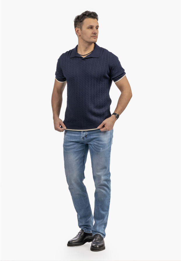 Koszulka Męska Polo Z Kołnierzykiem Dzianinowa Elegancka Granatowa FRAPPOLI